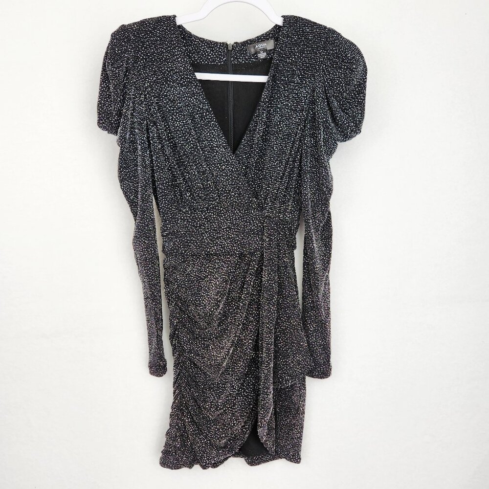 AQUA Metallic Ruched Faux Wrap Mini Dress Black Silver Puff Sleeve NWT Size 0 - Picture 3 of 8